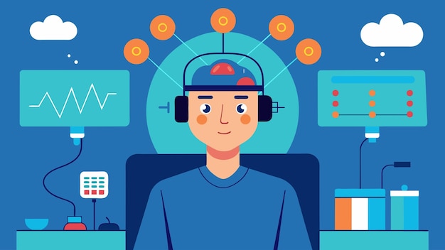 An individual undergoing neurofeedback therapy using technology to train their brainwaves and