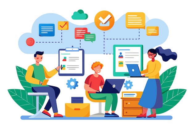 individuals are synchronizing data on their computers utilizing digital tools for teamwork during the day people sync data on computers with popular documents using simple illustrations