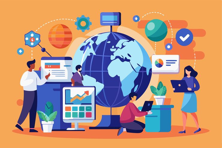 Vector 개인은 지구와 컴퓨터를 사용하여 다양한 디지털 도구를 통해 데이터를 분석하면서 협력합니다. 지구와 컴퓨터 일러스트를 사용하여 데이터를 분석합니다.