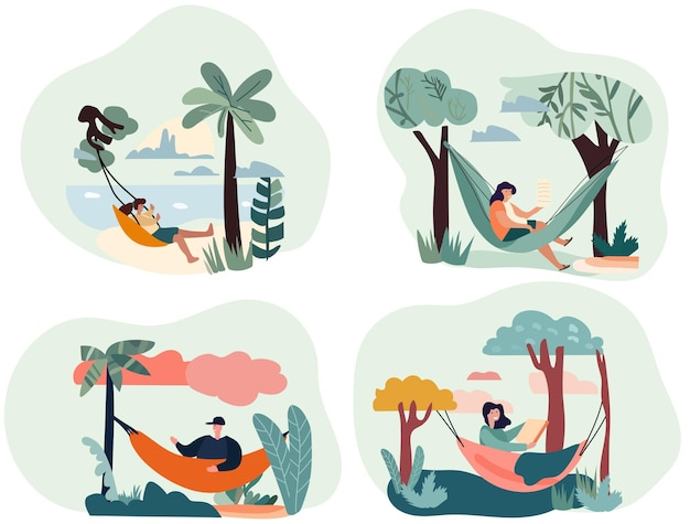 Individuals unwinding and resting in hammocks during a summertime getaway Vector