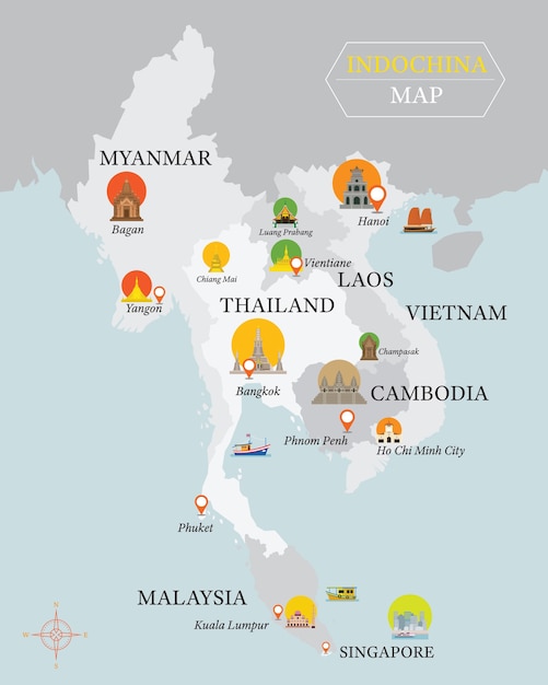 Indochina kaart met nationale hoofdstad monumenten