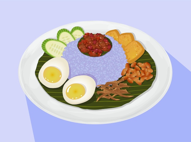 Indonesia cuisine Butterfly Pea rice with egg and bean