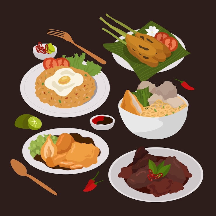 Vector indonesia culinary food tasty rendang sate pempek bakso nasi goreng items flat illustration