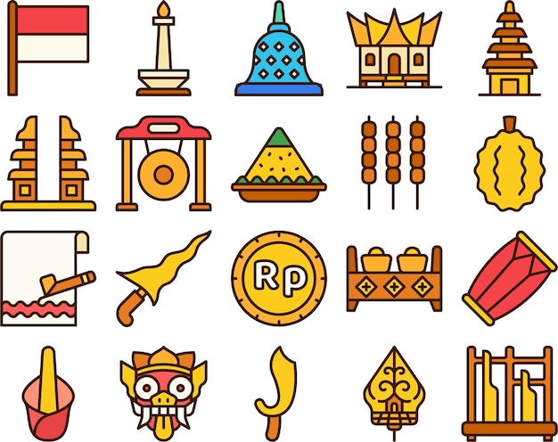 Indonesia culture and landmark icon set vector illustration