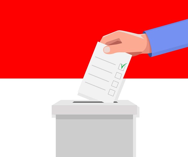 Vettore concetto elettorale dell'indonesia la mano mette il bollettino di voto