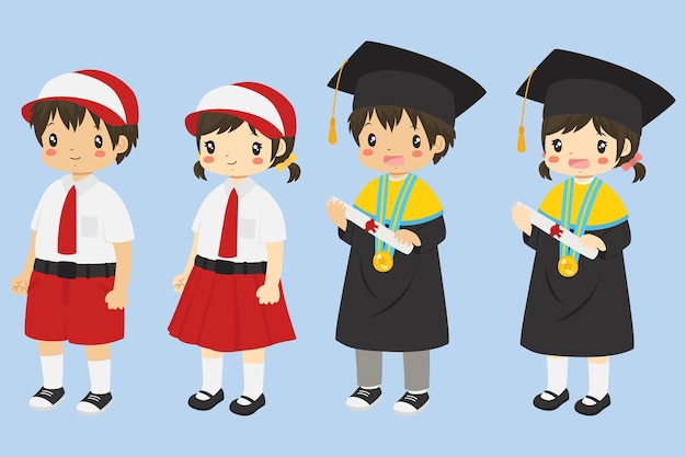 Indonesia elementary students character vector set