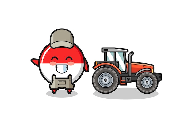 The indonesia flag farmer mascot standing beside a tractor cute design