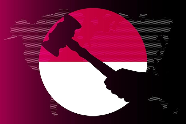 裁判官小槌汚職概念法または法的結果ニュース バナーとインドネシアの国旗