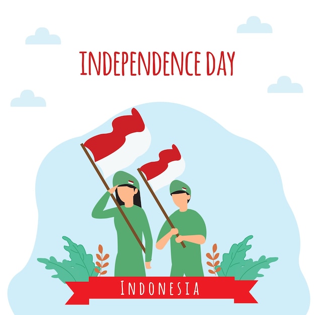 Vector indonesia greeting with soldier holding flag illustration vector