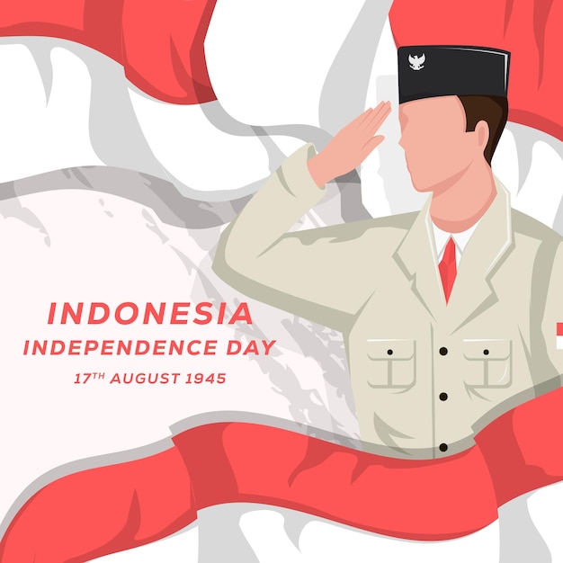 Indonesia independence day 17 august greeting card with men saluting used ceremonial uniform