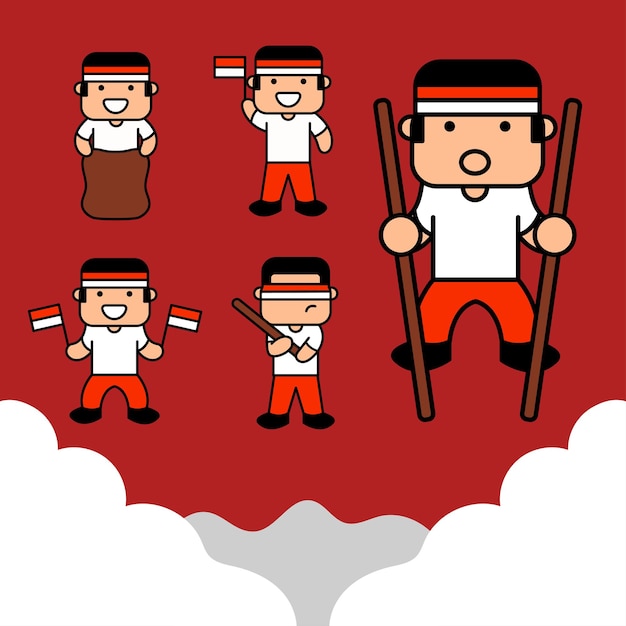 Indonesia independence day 17 august with traditional games and blue sky concept illustration