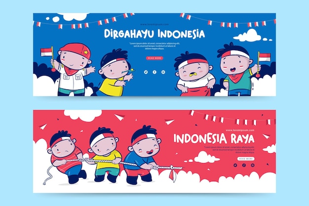 Indonesia Independence Day banner template with the cartoon illustration Dirgahayu means celebration Raya means great