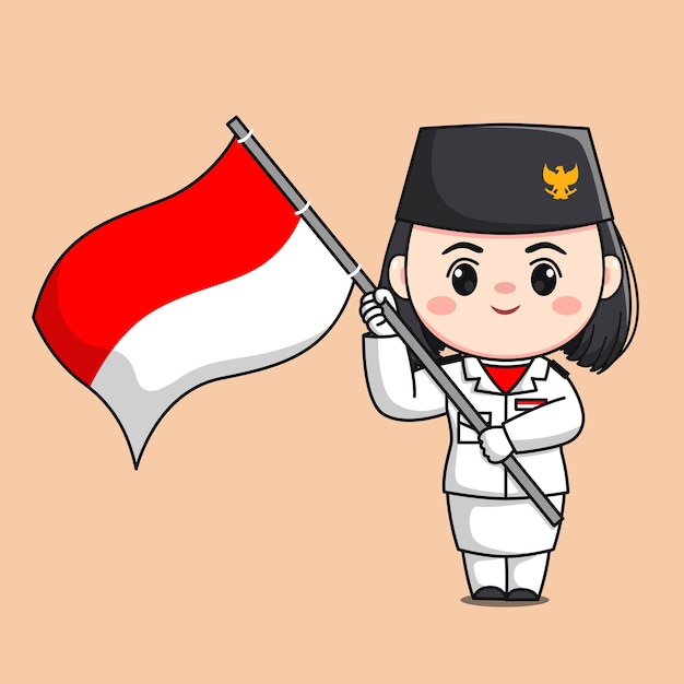 Indonesia independence day flag raiser female character chibi kawaii flat cartoon illustration