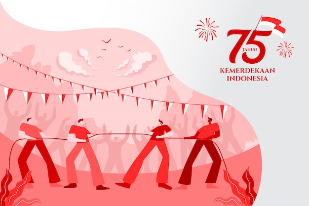 Cartolina d'auguri di festa dell'indipendenza dell'indonesia con l'illustrazione tradizionale di concetto dei giochi. 75 tahun kemerdekaan indonesia si traduce in 75 anni di festa dell'indipendenza dell'indonesia.