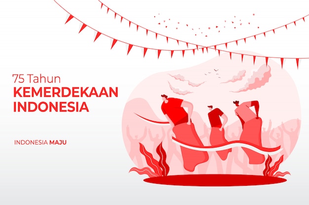 Vector indonesia independence day greeting card with traditional games concept illustration. 75 tahun kemerdekaan indonesia translates to 75 years indonesia independence day.