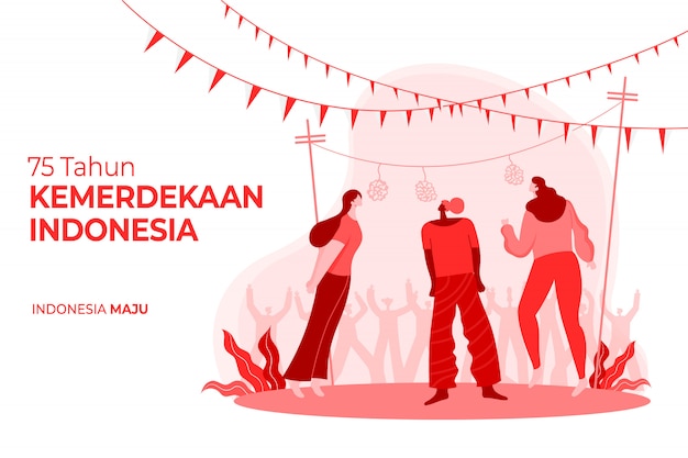 Вектор Поздравительная открытка дня независимости индонезии с традиционной иллюстрацией концепции игр. 75 tahun kemerdekaan индонезия означает 75 лет независимости индонезии.