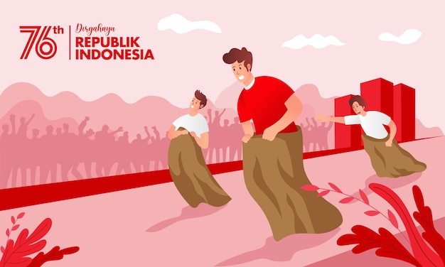 Cartolina d'auguri di festa dell'indipendenza dell'indonesia con illustrazione di concetto di giochi tradizionali. la repubblica di dirgahayu indonesia si traduce nel giorno dell'indipendenza della repubblica di indonesia