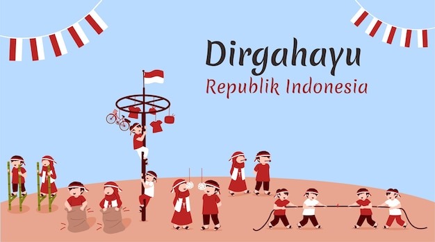 Cartolina d'auguri del giorno dell'indipendenza dell'indonesia con l'illustrazione del concetto di giochi tradizionali