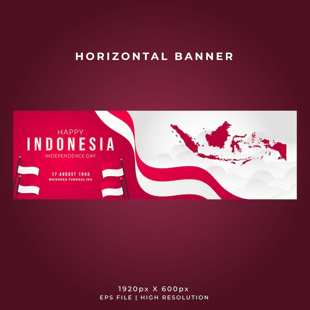 Indonesia Independence Day Horizontal Banner Template Wavy Flag and Indonesian Maps