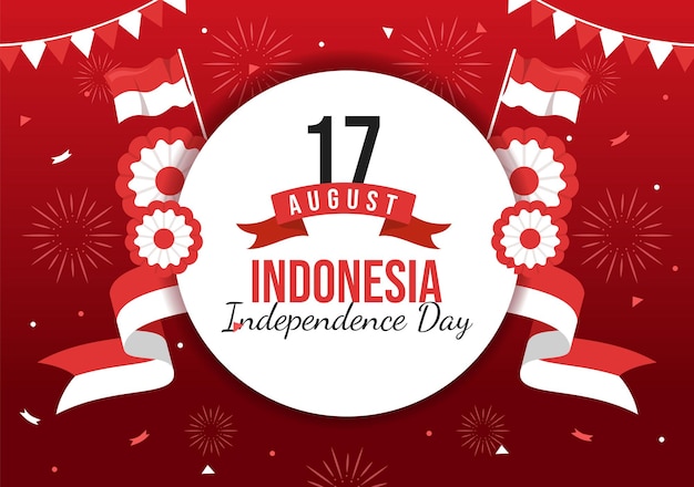 벡터 8월 17일 인도네시아 독립기념일 삽화, 빨간색과 흰색을 높이는 인도네시아 국기