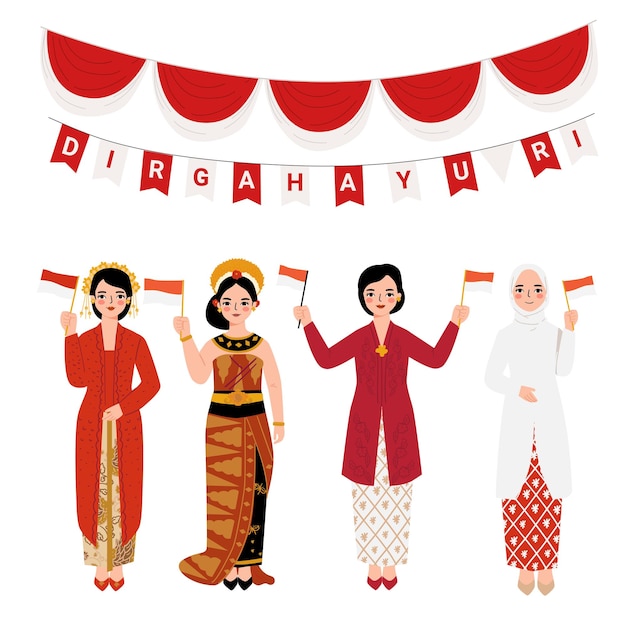 Вектор День независимости индонезии люди с индонезийским флагом