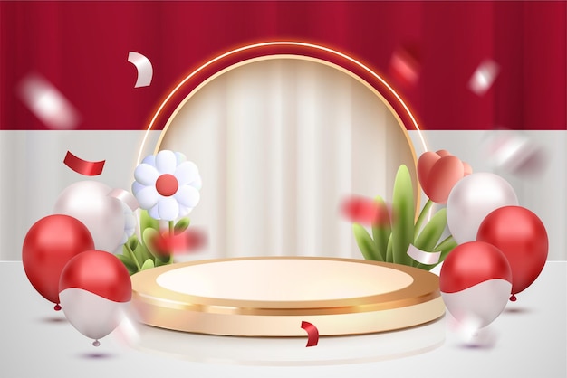 Giorno dell'indipendenza dell'indonesia rosso bianco lusso oro podio 3d con fiore