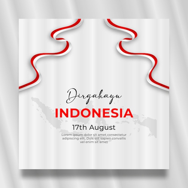 빨간색과 흰색 깃발 리본 장식이 있는 인도네시아 독립 기념일 소셜 미디어 포스트 템플릿