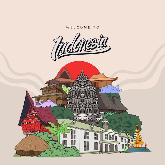 Indonesia landmark. hand drawn indonesian cultures background