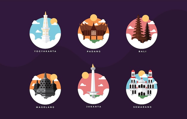 Vector indonesia landmark set flat icon