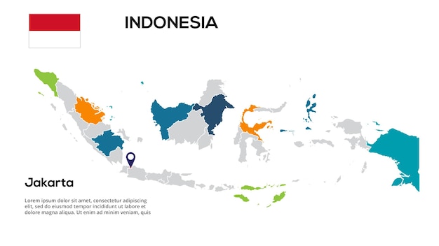 インドネシアの地図インドネシアの地域の地域の形でグローバルマップのベクトル画像国のフラグインフォグラフィックタイムライン編集しやすい