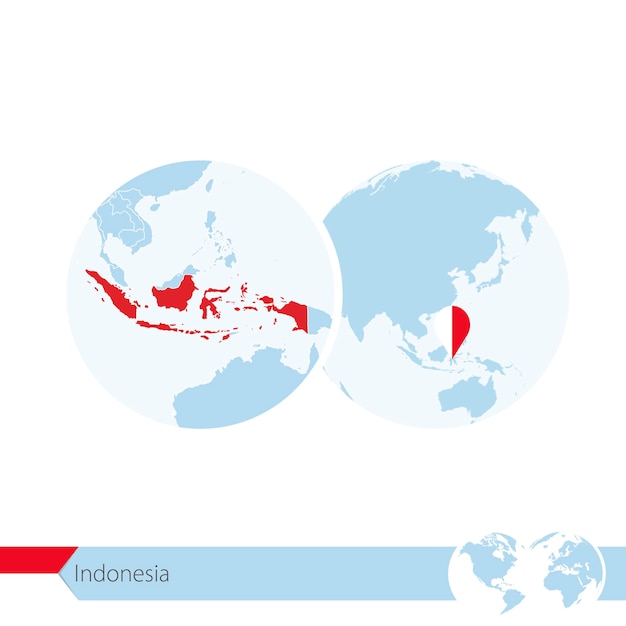 インドネシアの旗と地域の地図を持つ世界の世界のインドネシア。ベクトルイラスト。