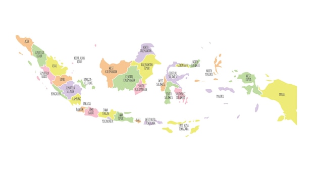 Indonesia political map with region names solid simple pastel colours vector editable