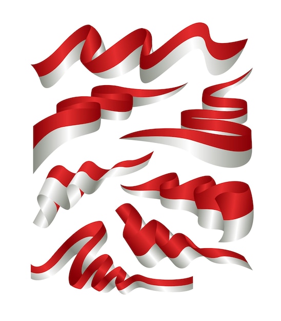 indonesia ribbon 3d decoration flag set Vector illustration on a white background