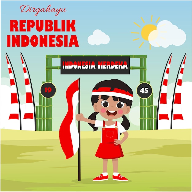 Indonesia's independence day celebration background with bamboo gate and cute girl