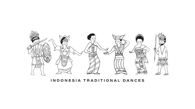 Vector indonesia traditional dances vector with line art drawing doodle concept design