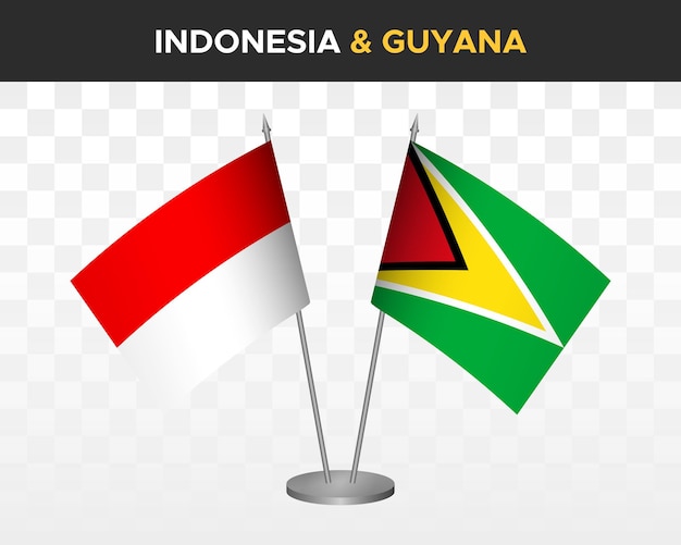 Bandiere da scrivania indonesia vs guyana mockup isolate 3d illustrazione vettoriale bandiere da tavolo