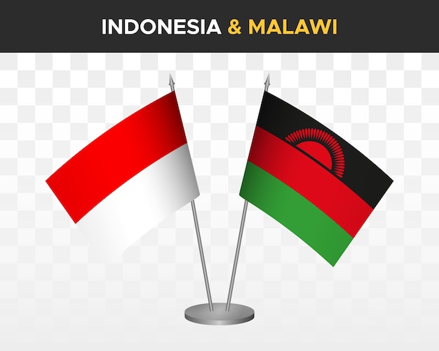 Bandiere da scrivania indonesia vs malawi mockup isolate 3d illustrazione vettoriale bandiere da tavolo