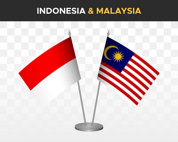Bandiere da scrivania indonesia vs malesia mockup isolate 3d illustrazione vettoriale bandiere da tavolo