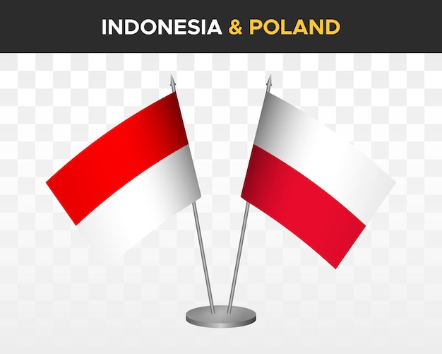 Bandiere da scrivania indonesia vs polonia mockup isolate 3d illustrazione vettoriale bandiere da tavolo