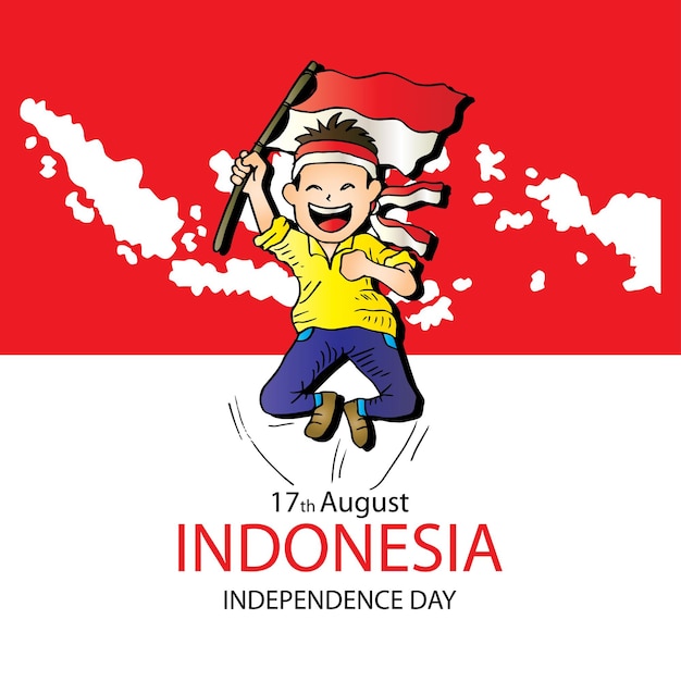 Ragazzo indonesiano con bandiera 17 agosto biglietto di auguri per il giorno dell'indipendenza dell'indonesia