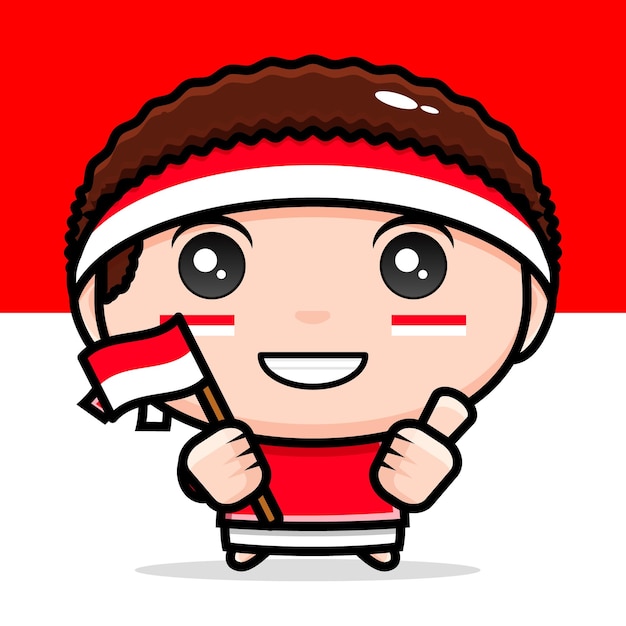 Personaggio carino mascotte ragazzo indonesiano che tiene bandiera indonesiana