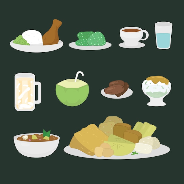 Индонезийская бука пуаса завтрак набор еда милая векторная иллюстрация колак горенган лупис эс келапа
