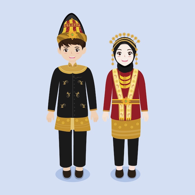 Indonesian couple wearing aceh traditional costume with hijab vector illustration