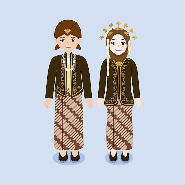 Indonesian couple wearing javanese traditional costume with hijab vector illustration