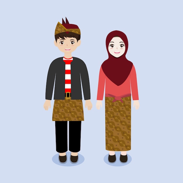 Indonesian couple wearing madura traditional costume with hijab vector Illustration