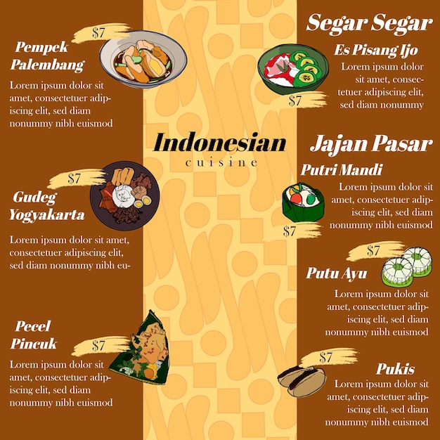 Меню индонезийской кухни с нарисованным вручную вектором