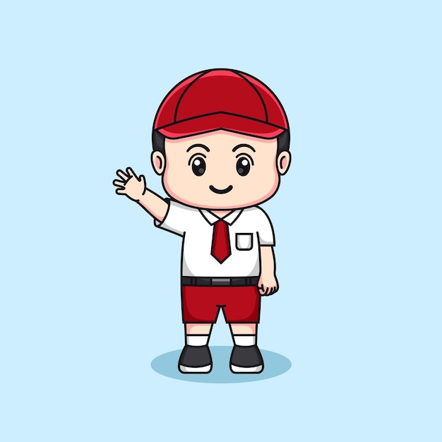 인도네시아 초등학생 손 흔들기 귀여운 소년 꼬마 귀여운 캐릭터