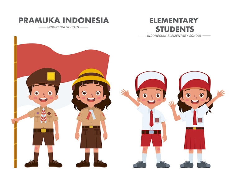 Vector 制服を着たインドネシアの小学生とスカウト