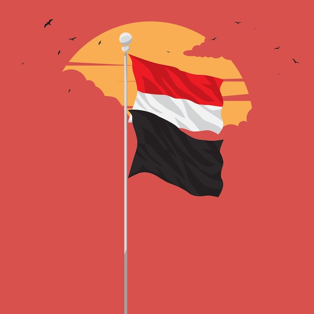 Vector indonesian flag and black flag on one pole with sunset background