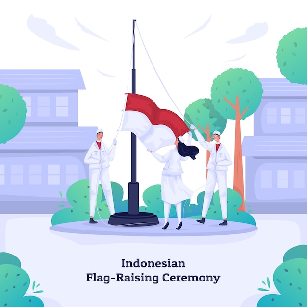 Vector indonesian flag raising ceremony illustration design